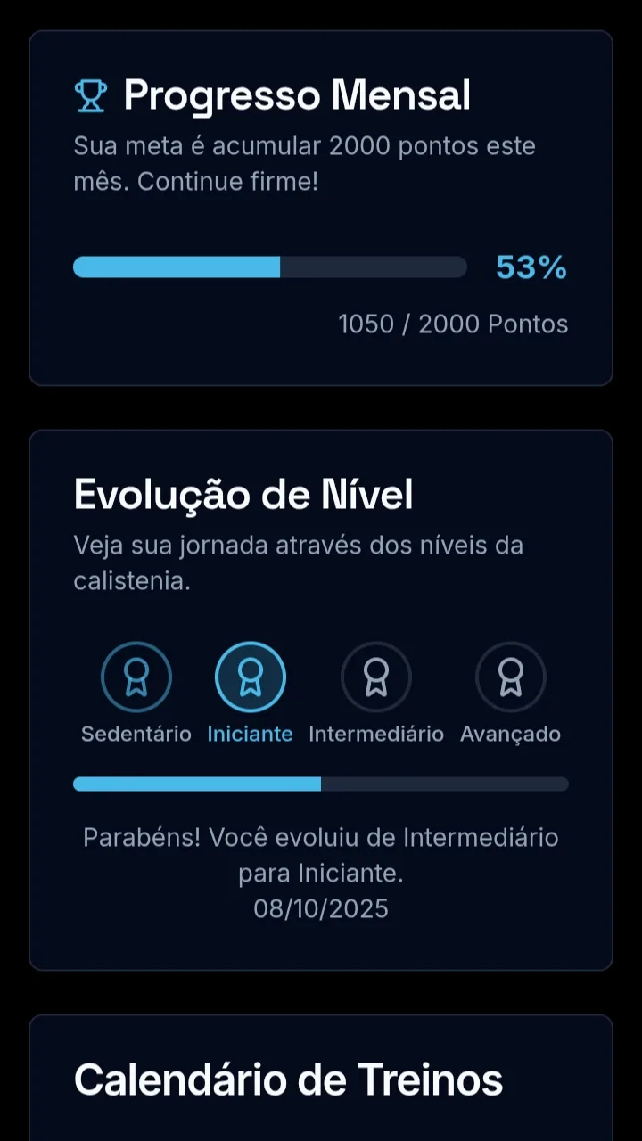 Tela do app Templo Club mostrando dashboard de progresso