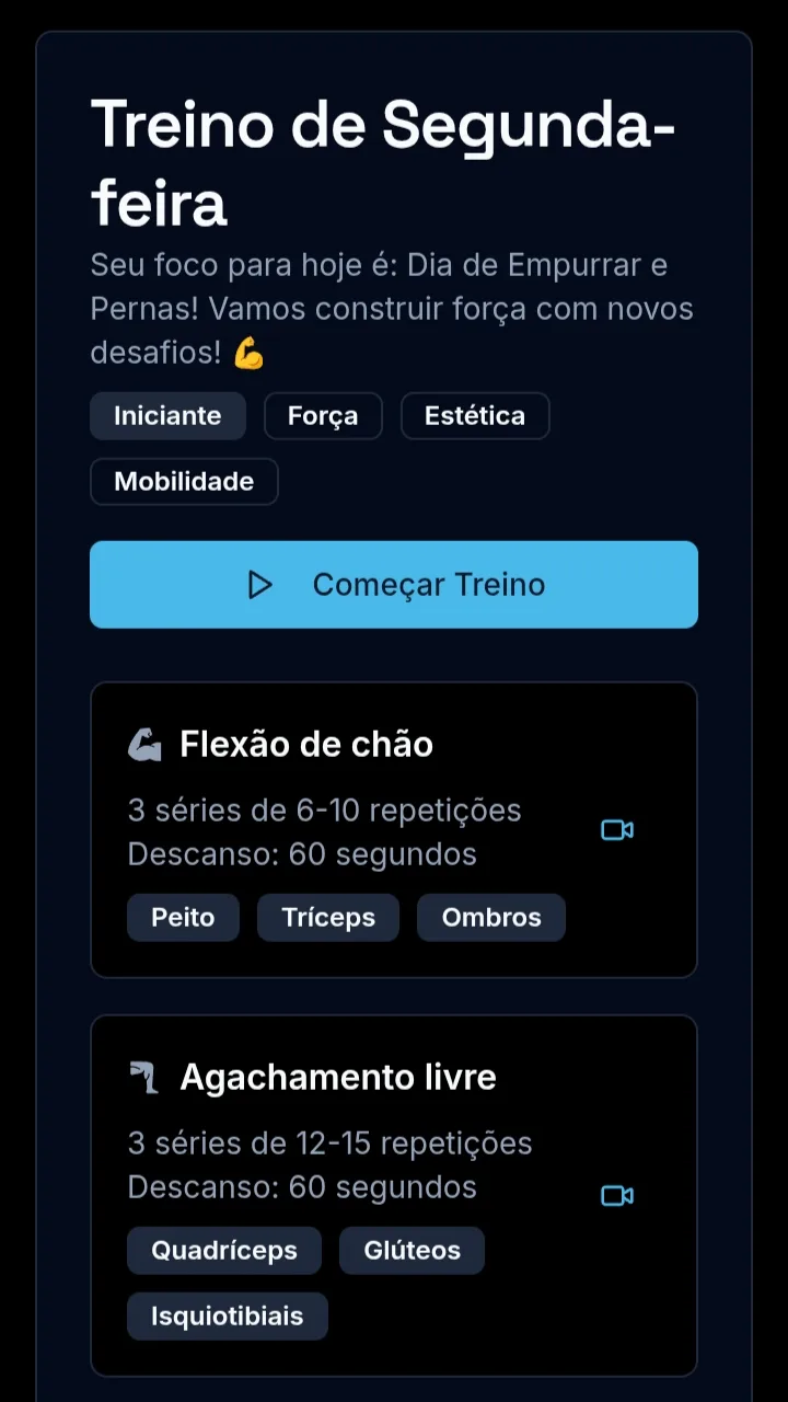 Tela do app com treinos detalhados